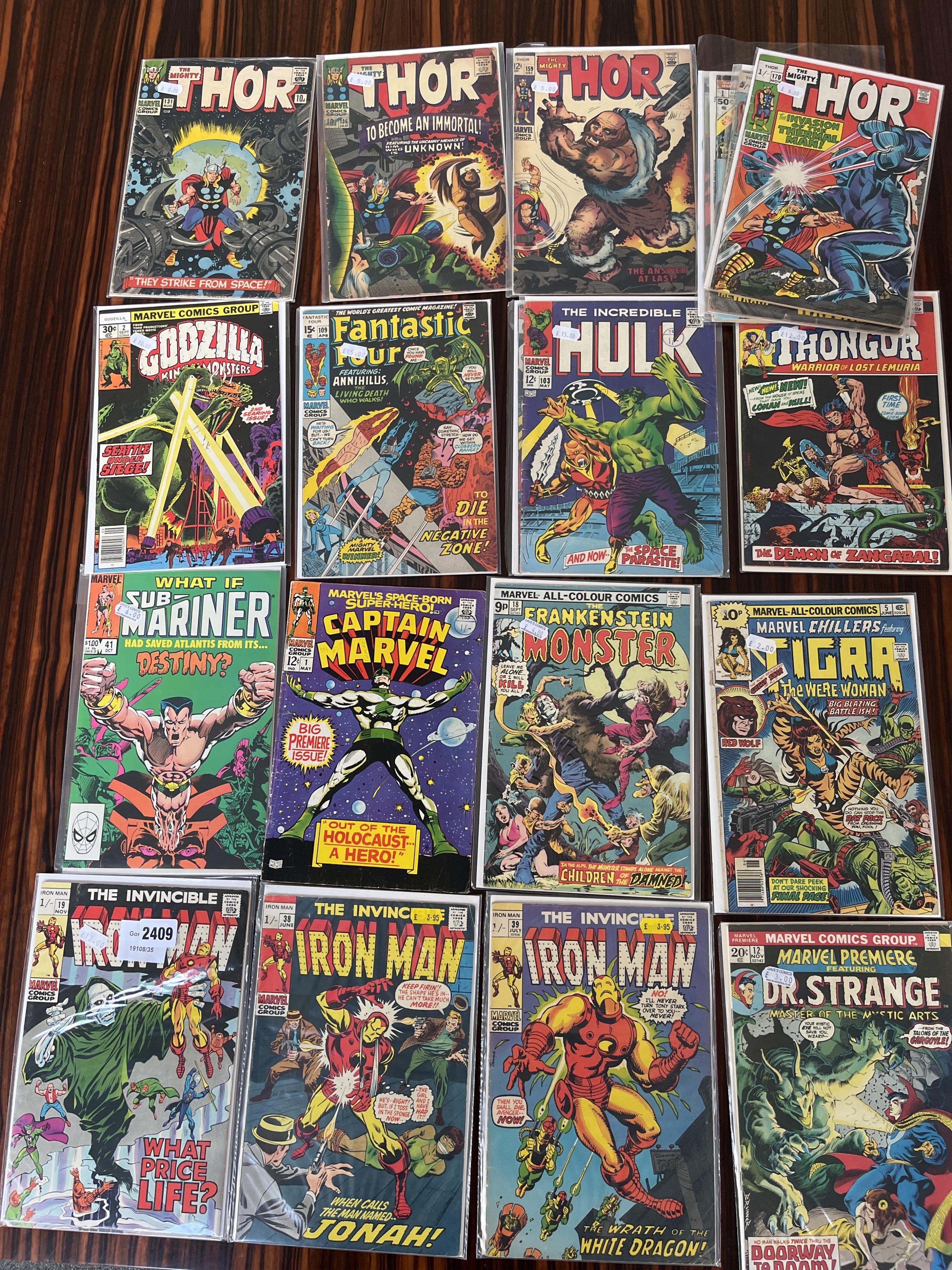Marvel comics, 27 various issues;, The Invincible Iron Man, #19 x 2, #38, #39, The Man–Thing #11, Giant-Size Man-thing #1, The Mighty Thor #131, #136, #159, #170, #171, Creatures on the loose featuring Thongor #22, The I